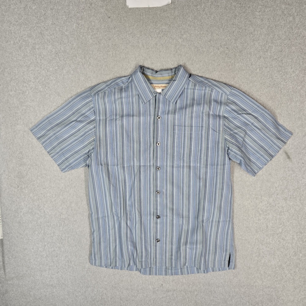 Tommy Bahama Men Button Up Shirt M/M Blue Silk Striped Casual Shirt